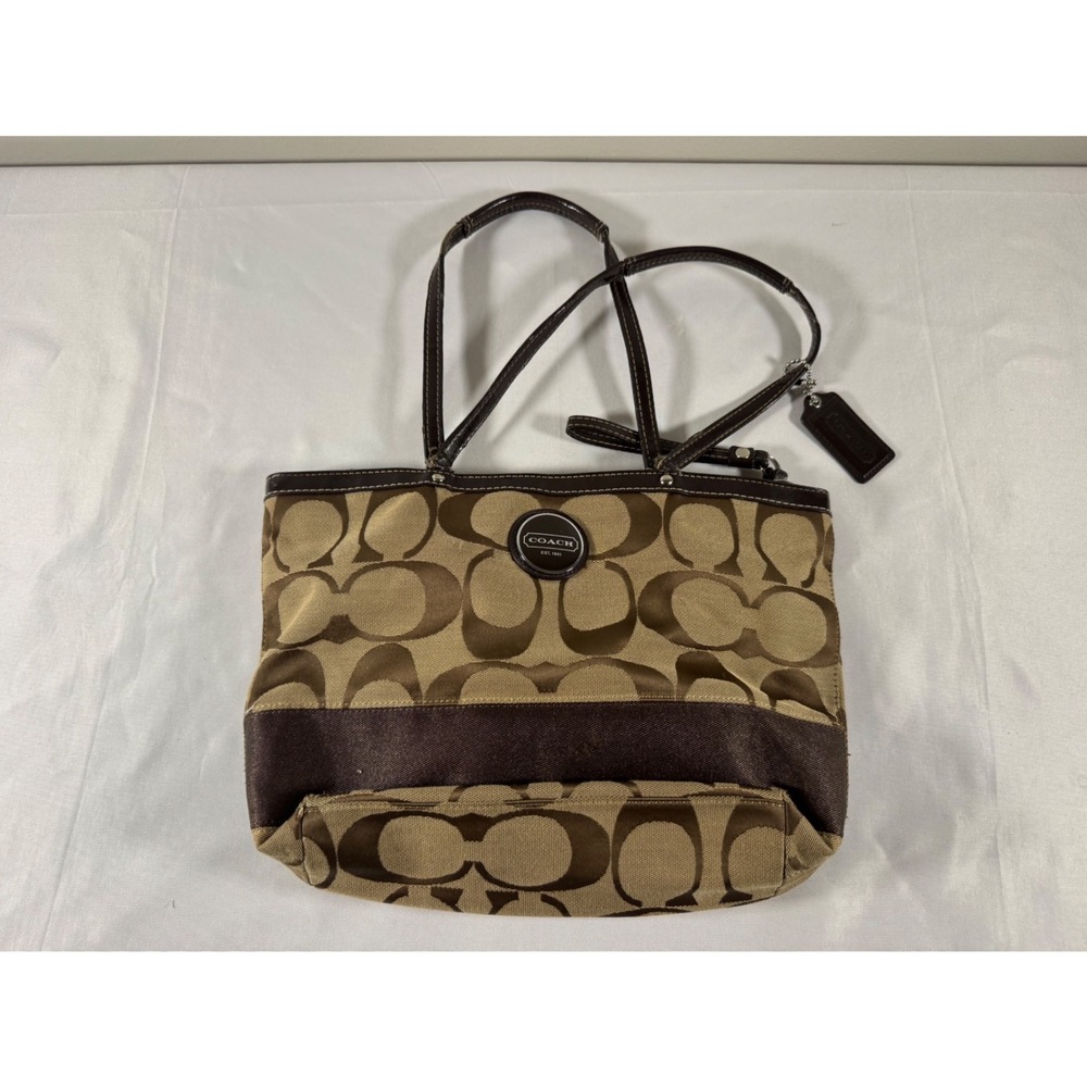 Coach Signature Stripe Jacquard Canvas & Brown Patent Leather Tote Bag (F17433)